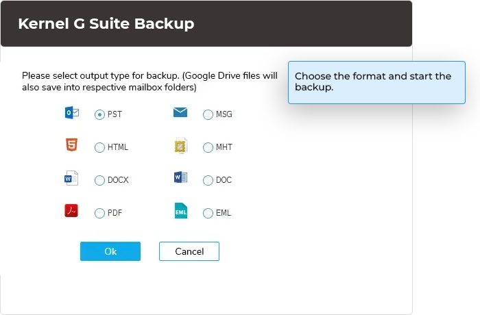 Choose the format and start the backup.