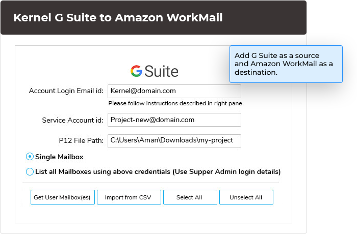 Add G Suite as a source and Amazon WorkMail as a destination.