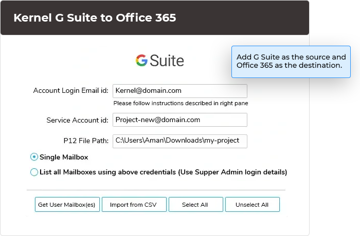Add source G Suite & destination Office 365 account