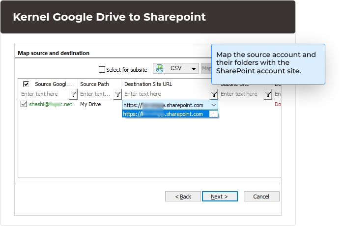 Map the source account and their folders with the SharePoint account site.