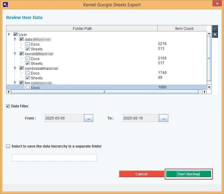 Kernel Google sheets export tool