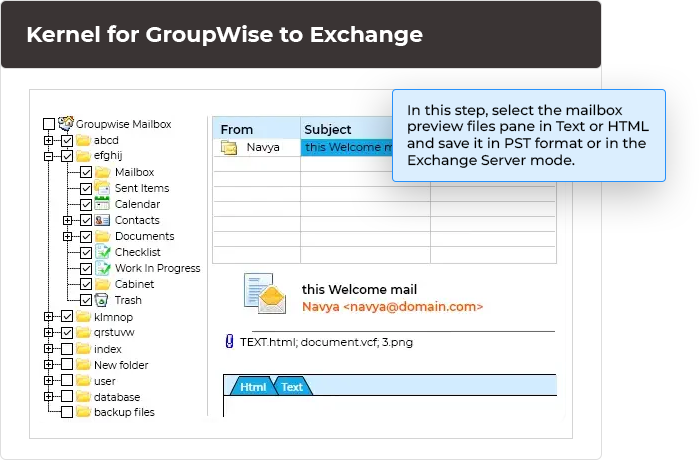 In this step, select the mailbox preview files pane in Text or HTML and save it in PST format or in the Exchange Server mode