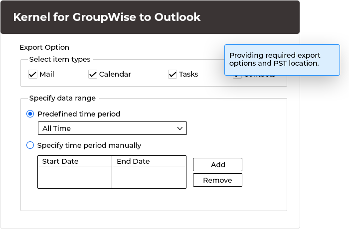 Save the mailbox in PST by providing required export options and PST location