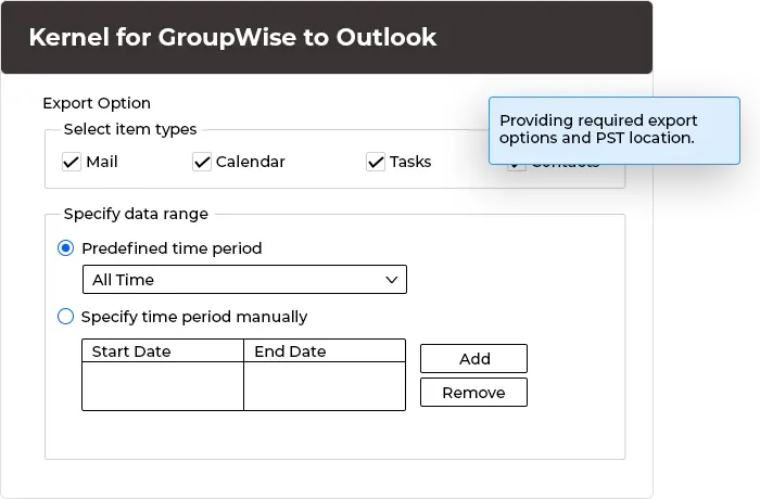Save the mailbox in PST by providing required export options and PST location