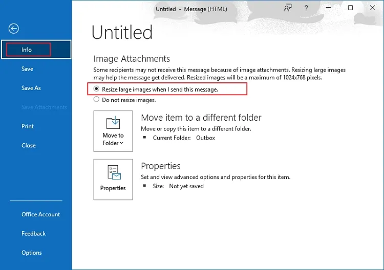 select Resize large images when I send this message