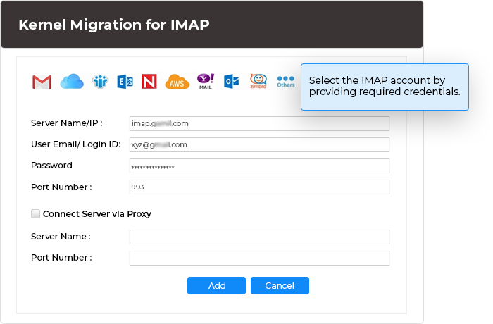 Select the IMAP account by providing required credentials.