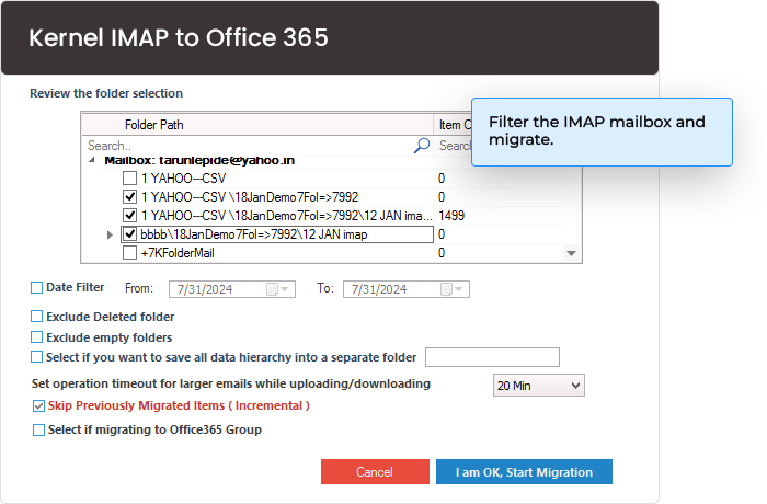 Filter and migrate IMAP mailboxes to Office 365