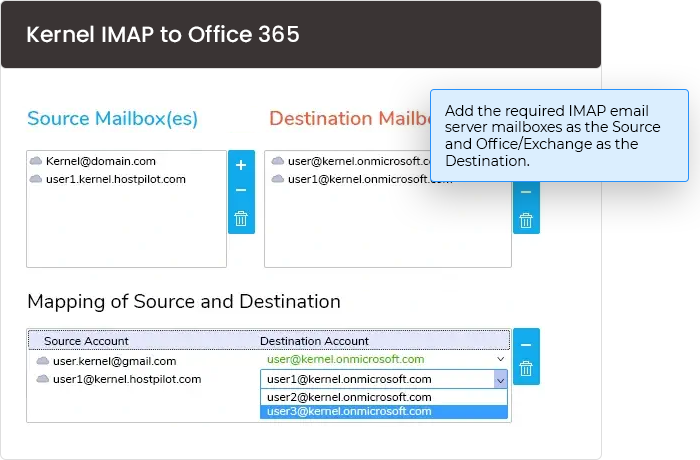 Add the required IMAP email server mailboxes as the Source and Office/Exchange as the Destination.
