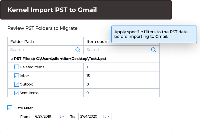 Preview the added PST data and apply specific filters.