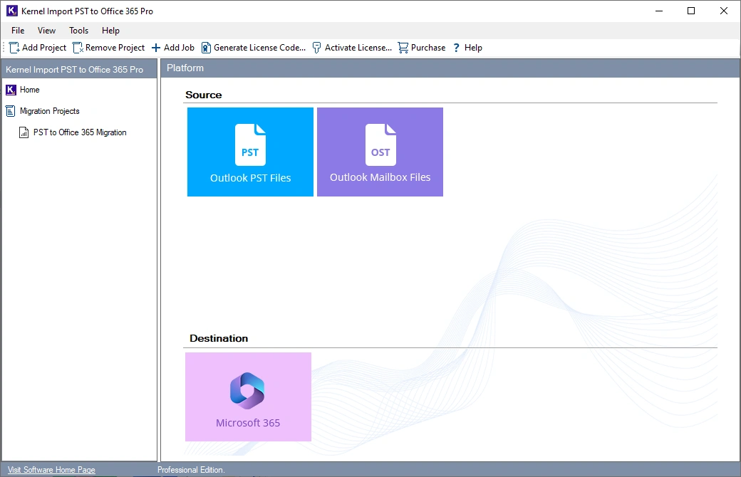 Kernel Import PST to Office 365 Pro Home screen