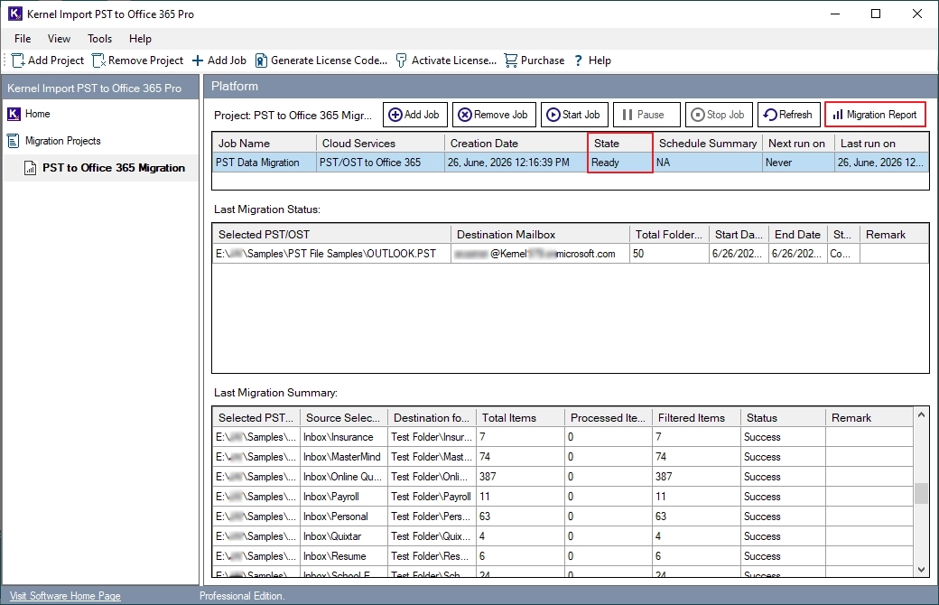 The software will start importing pst files to office 365