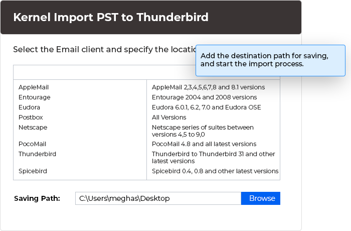Select Thunderbird as the saving option and start the import process.