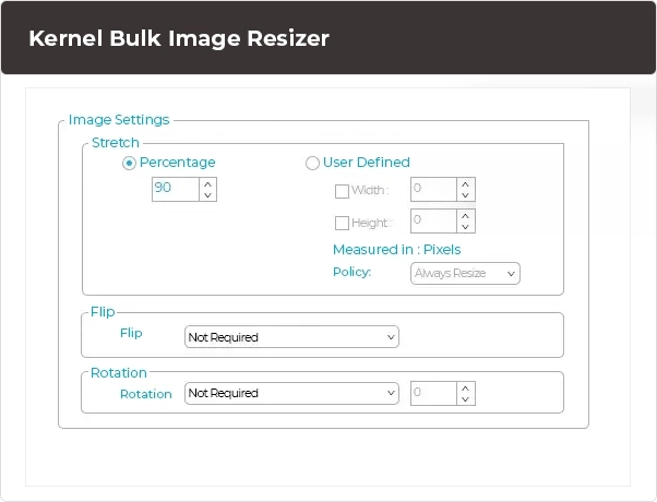 Resize images on a percentage or pixel basis.