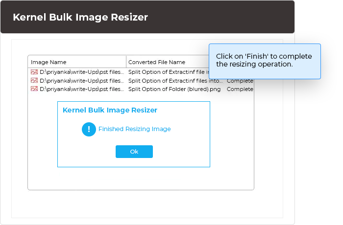 Click on 'Finish' to complete the resizing operation.