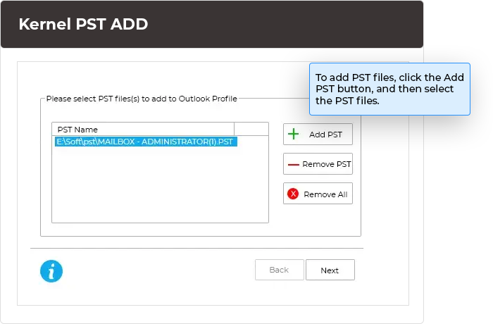 To add PST files, click the Add PST button, and then select the PST files.