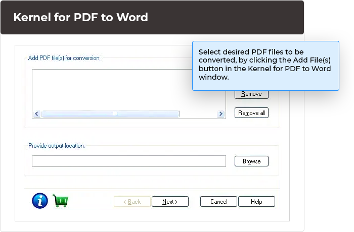 Select desired PDF files to be converted, by clicking the Add File(s) button in the Kernel for PDF to Word window.