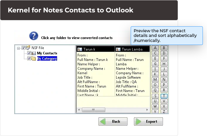 Preview the NSF contact details and sort alphabetically/numerically.