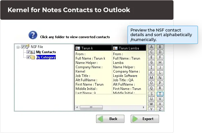 Preview the NSF contact details and sort alphabetically/numerically.