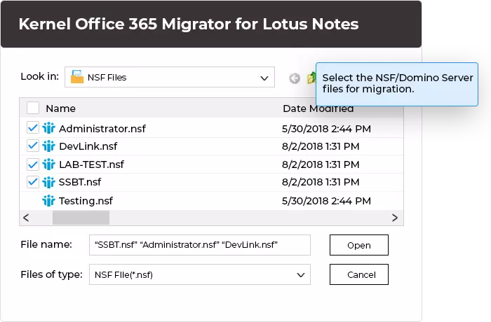 Select the NSF/Domino Server files for migration.