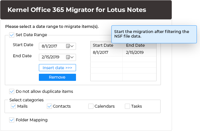 Start the migration after filtering the NSF file data.