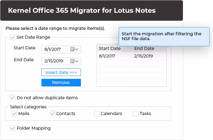Start the migration after filtering the NSF file data.