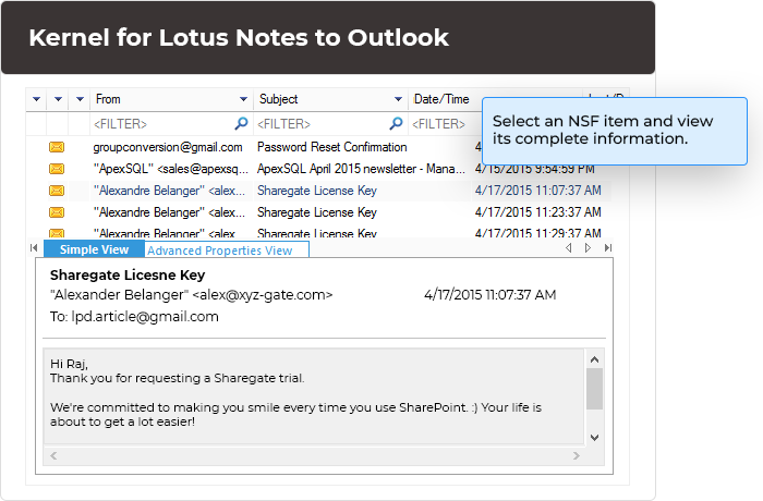 Click on any required NSF folder to get a detailed preview of the emails content present in it.