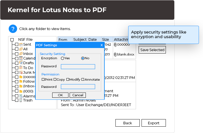 In this step, you can apply security settings like encryption and usability permissions (print, copy, modify, annotate) over resulted PDF file.