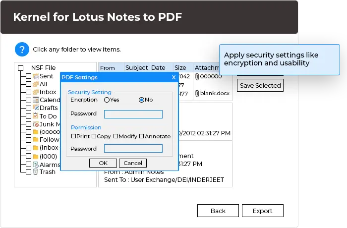 In this step, you can apply security settings like encryption and usability permissions (print, copy, modify, annotate) over resulted PDF file.