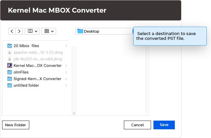 Select a destination to save the converted PST file.