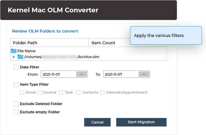 Apply filters to convert olm files