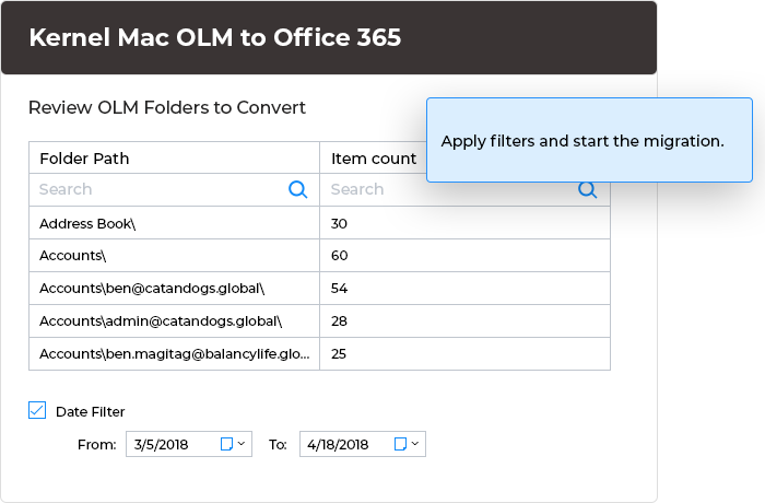 Apply filters and start the migration.