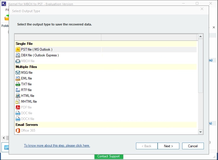 Select PST as output type