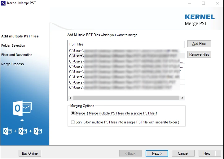 Add multiple PST files to merge