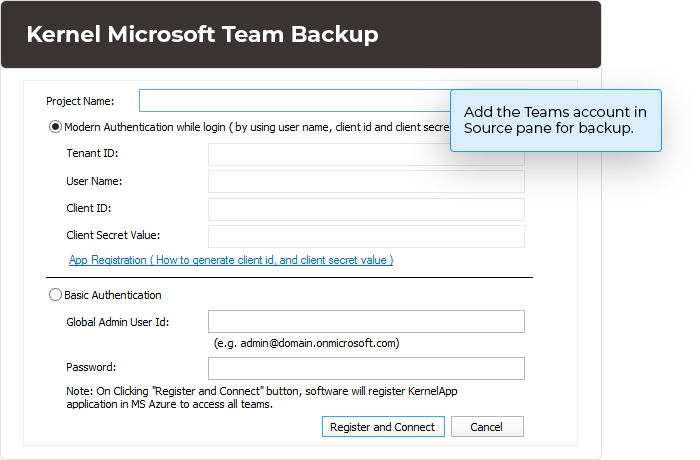 Add Teams account in Source pane of Microsoft Teams Backup Tool