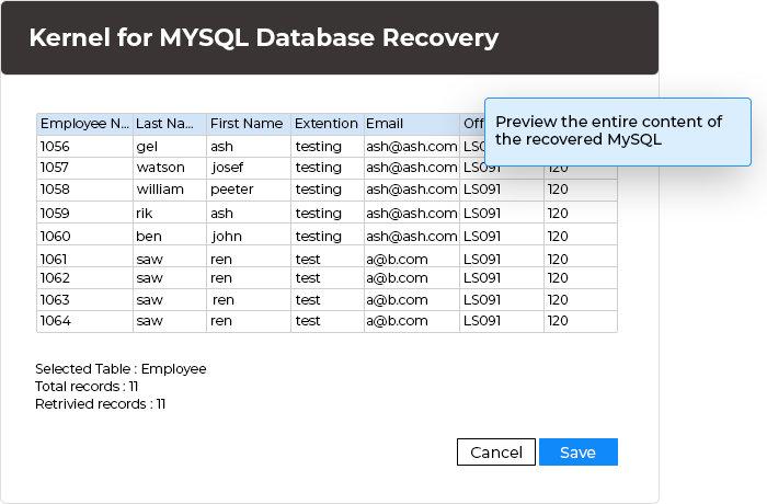 In this step, preview the entire content of the recovered MySQL database.