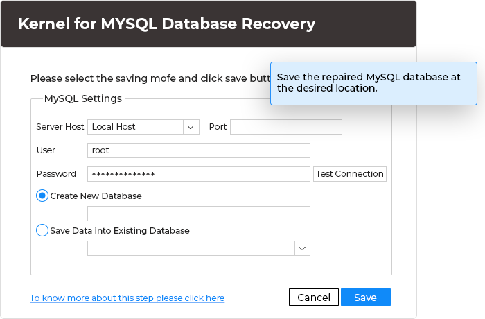 Save the recovered MYSQL database at a desired location