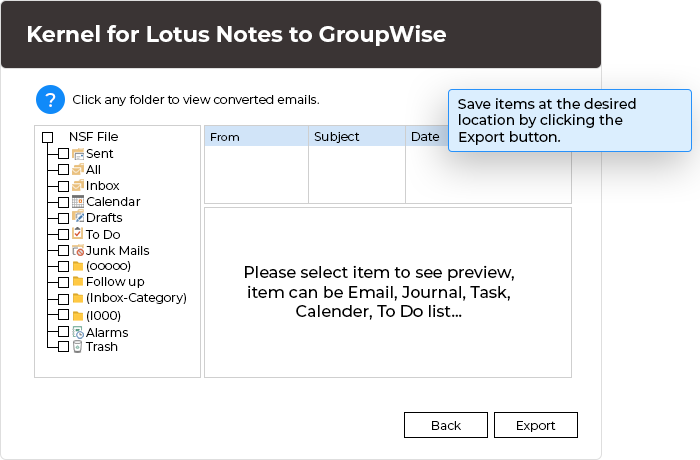 After previewing a folder, save its items at the desired location by clicking the Export button. Users will be prompted to choose appropriate saving options.