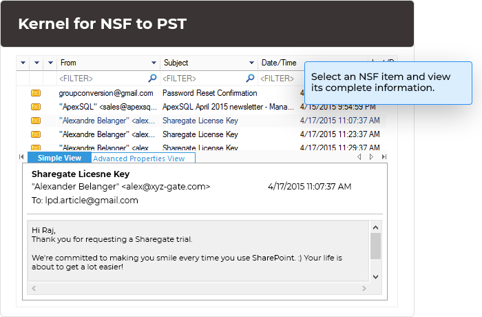 Select an NSF item and view its complete information.