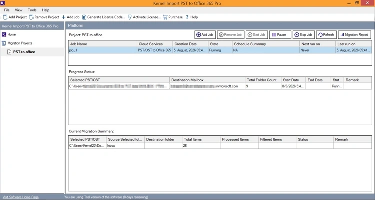 process to restore OST to Office 365 started