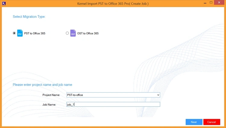 Select PST to Office 365 and enter job name
