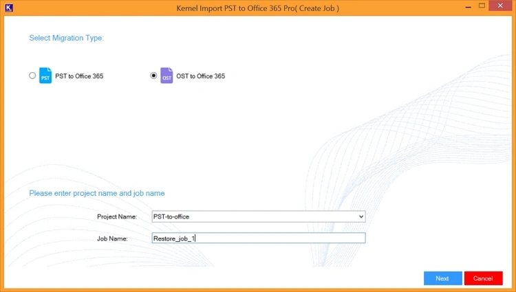 Select OST to Office 365 and enter job name