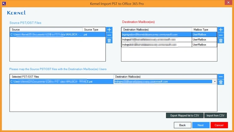 map destination with the source PST file