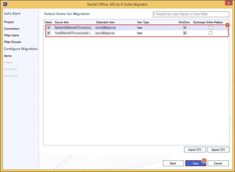 Select items for migration