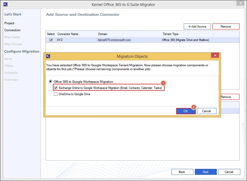 choose exchange online to google workspace migration option