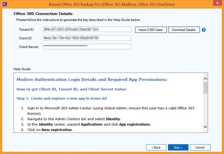 Enter the Office 365 Connection Details