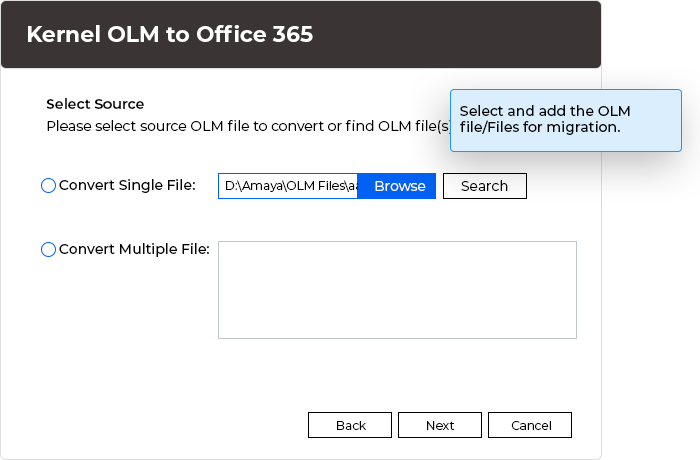 Add the single or multiple OLM files to export.