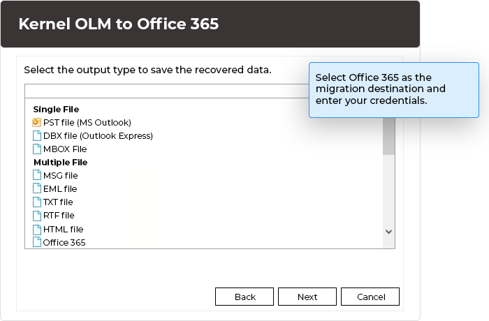 Select Office 365 as the migration destination and enter your credentials.