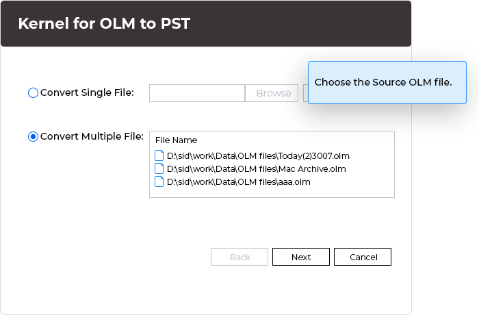 choose the source OLM file