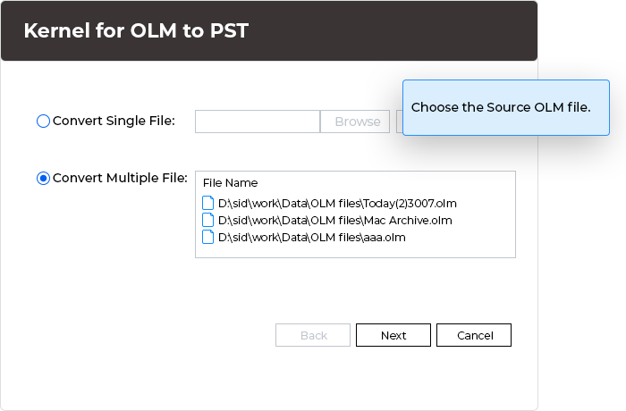 select single and multiple OLM files for conversion