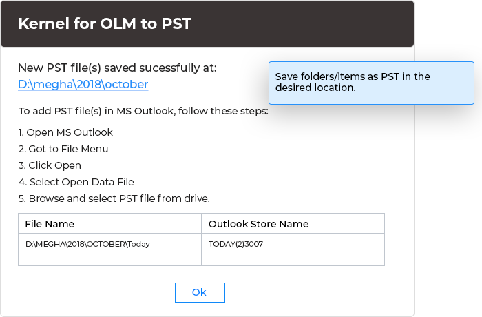 Save items as PST file to desired location